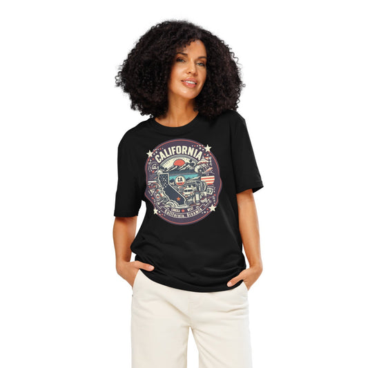 Ronas Design California Dreamin T-Shirt Front View on Women Model in Black