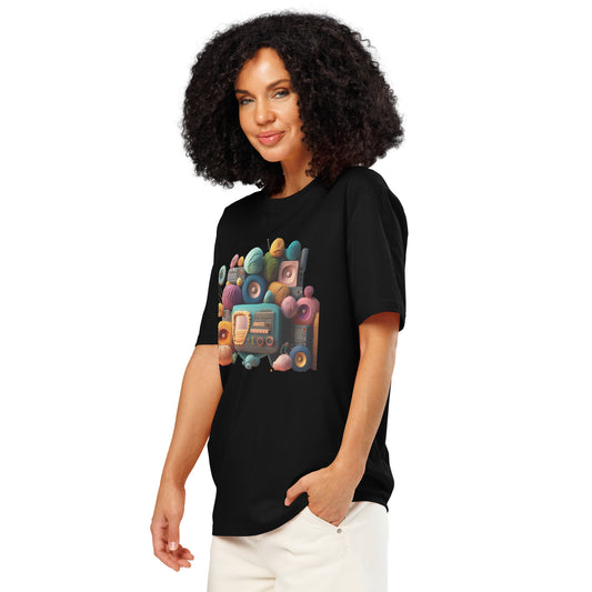 Ronas Design Retro Yarn Radio T-Shirt Side View on Women Model in Black