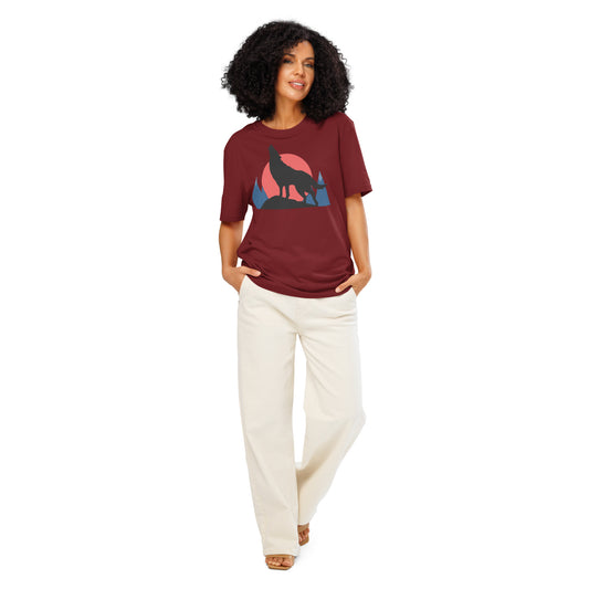 Ronas Design Sunset Wolf Howl T-Shirt Front View on Women Model in Burgundy