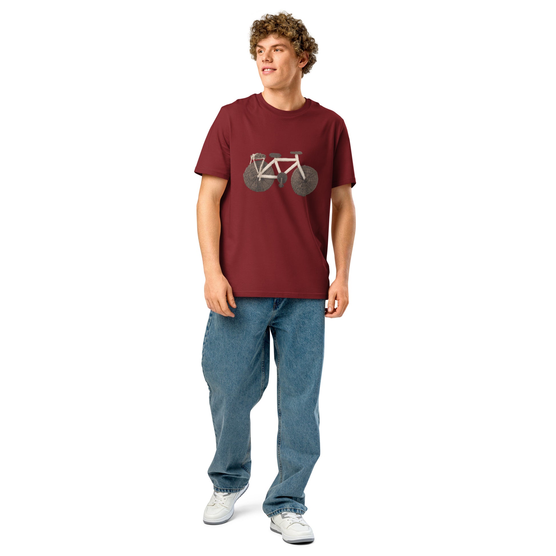 Ronas Design Handcrafted Yarn Bicycle T-Shirt Front View on Model in Burgundy
