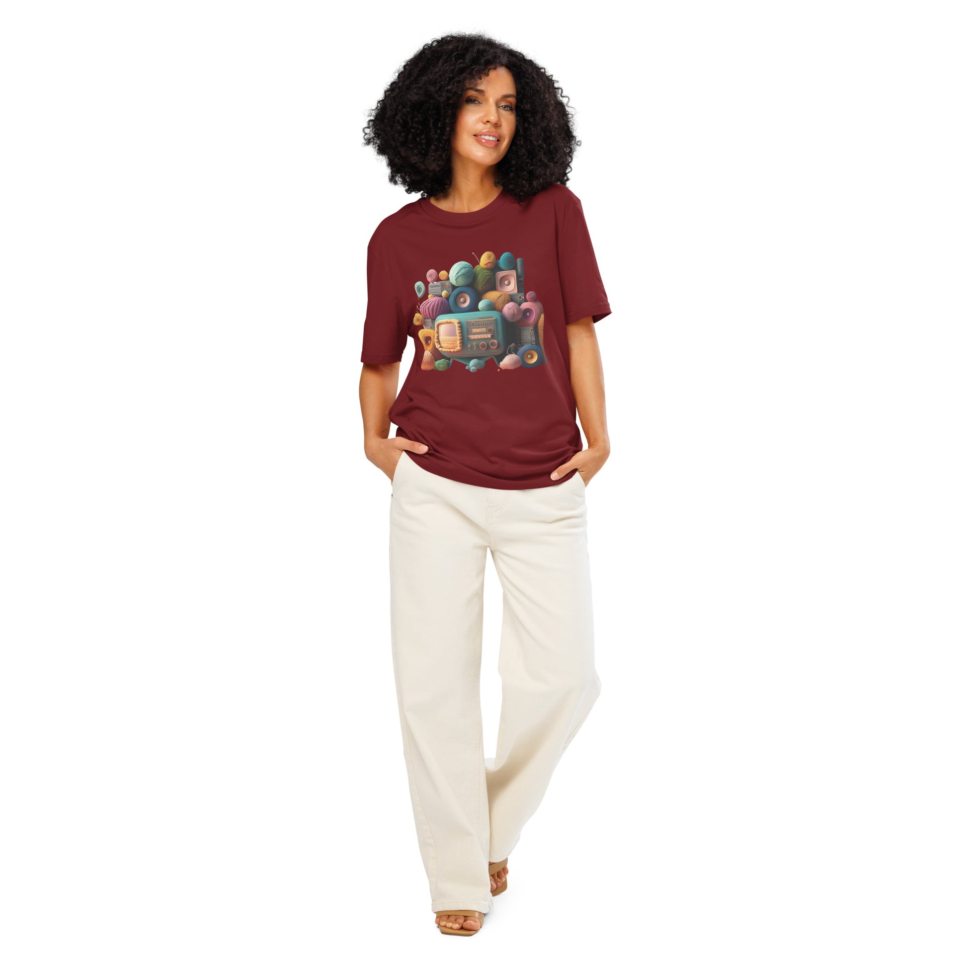 Ronas Design Retro Yarn Radio T-Shirt Front View on Women Model in Burgundy