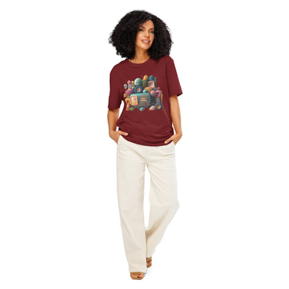 Ronas Design Retro Yarn Radio T-Shirt Front View on Women Model in Burgundy