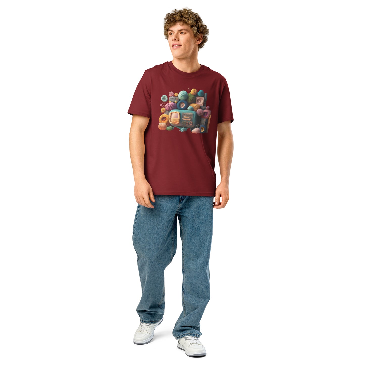 Ronas Design Retro Yarn Radio T-Shirt Front View on Men Model in Burgundy