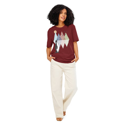 Ronas Design Geometric Penguin T-Shirt Front View on Women Model in Burgundy
