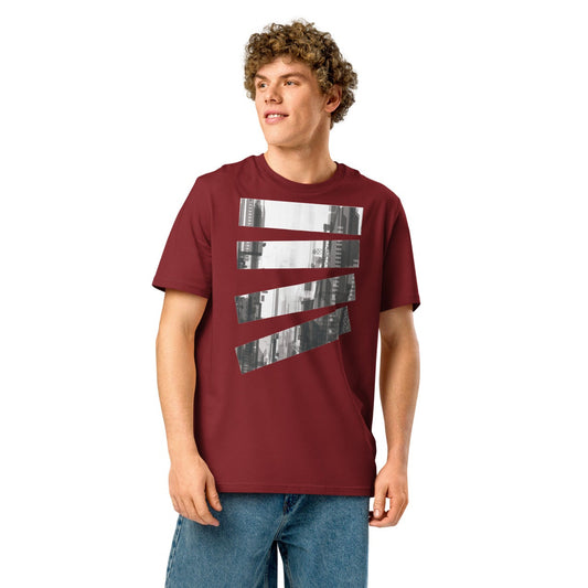 Ronas Design Fragmented Skyline T-Shirt Front View on Men Model in Burgundy