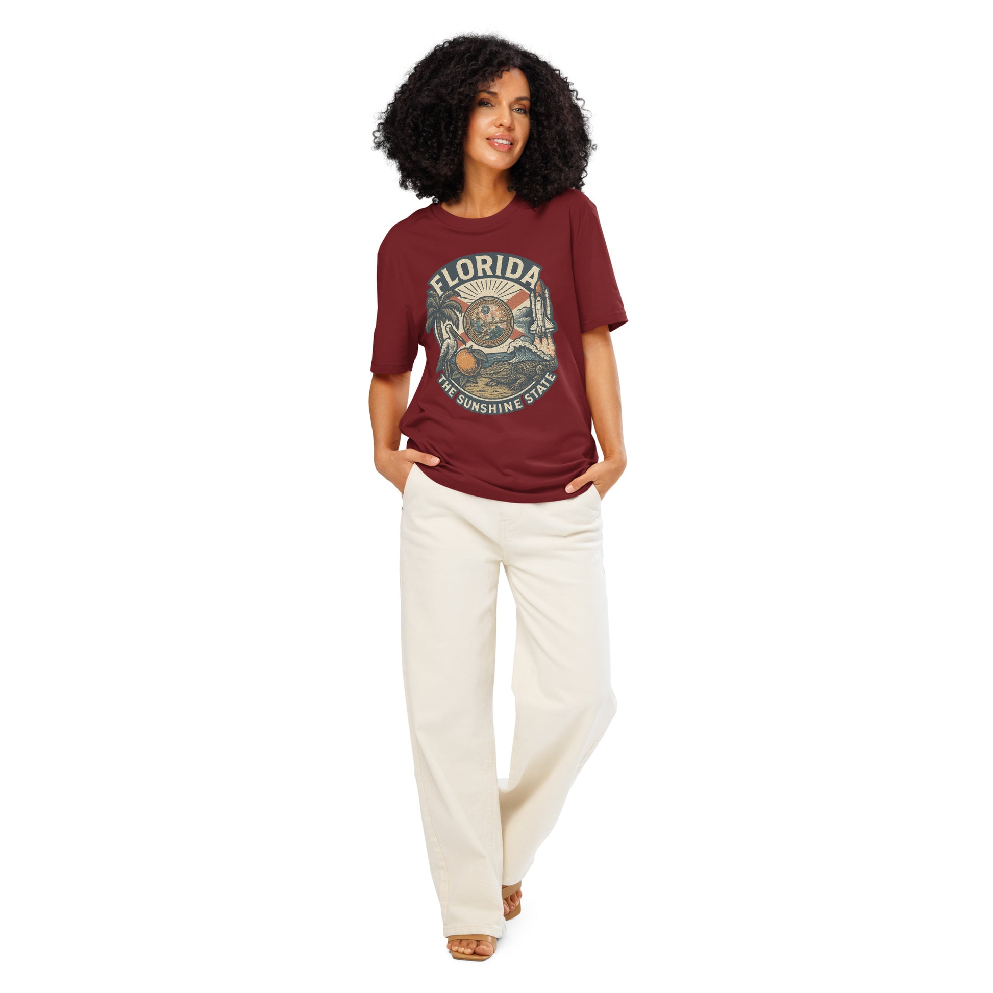 Ronas Design Florida Vibes T-Shirt Front View on Women Model in Burgundy
