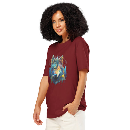 Ronas Design Geometric Forest Wolf T-Shirt Side View on Women Model in Burgundy