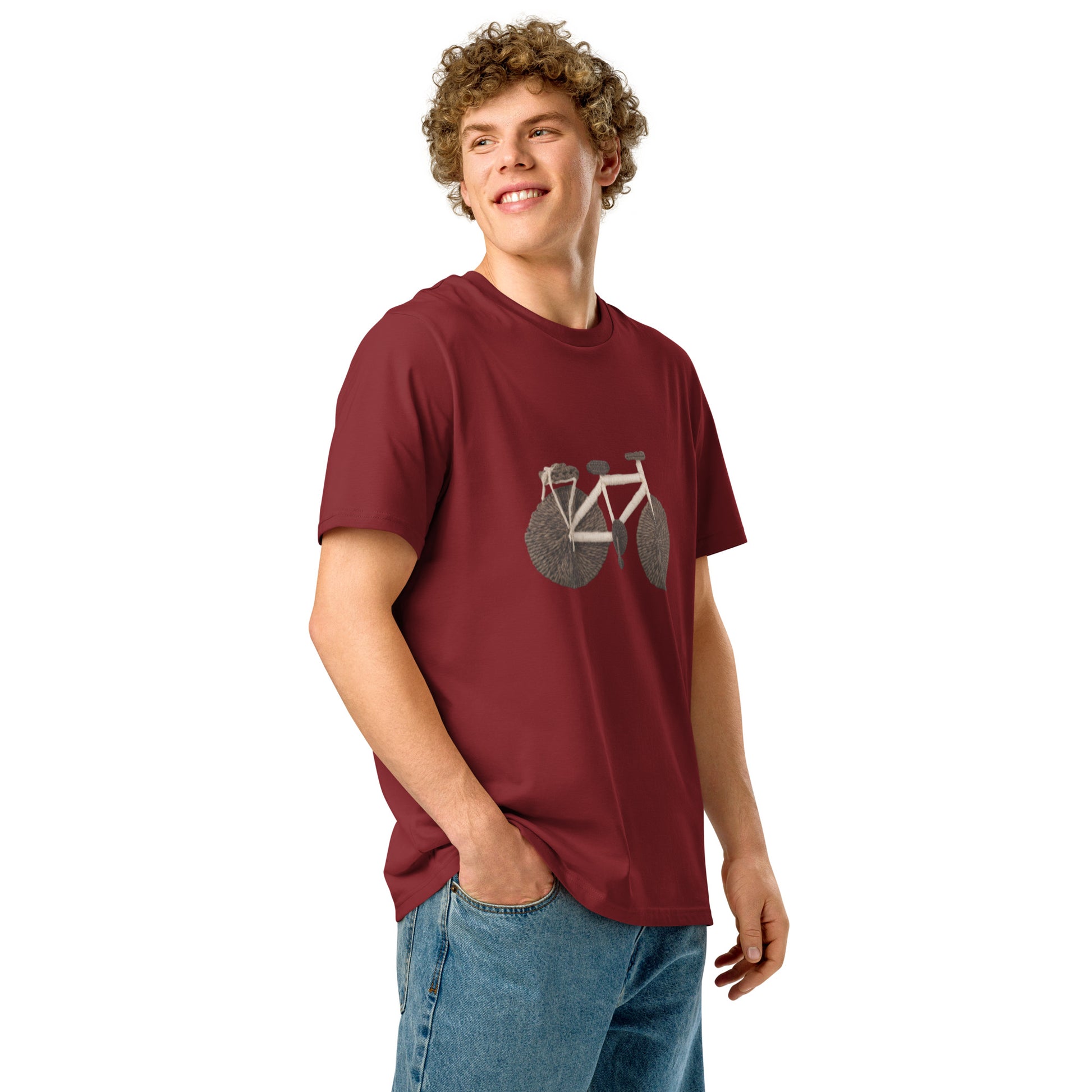 Ronas Design Handcrafted Yarn Bicycle T-Shirt Side View on Model in Burgundy