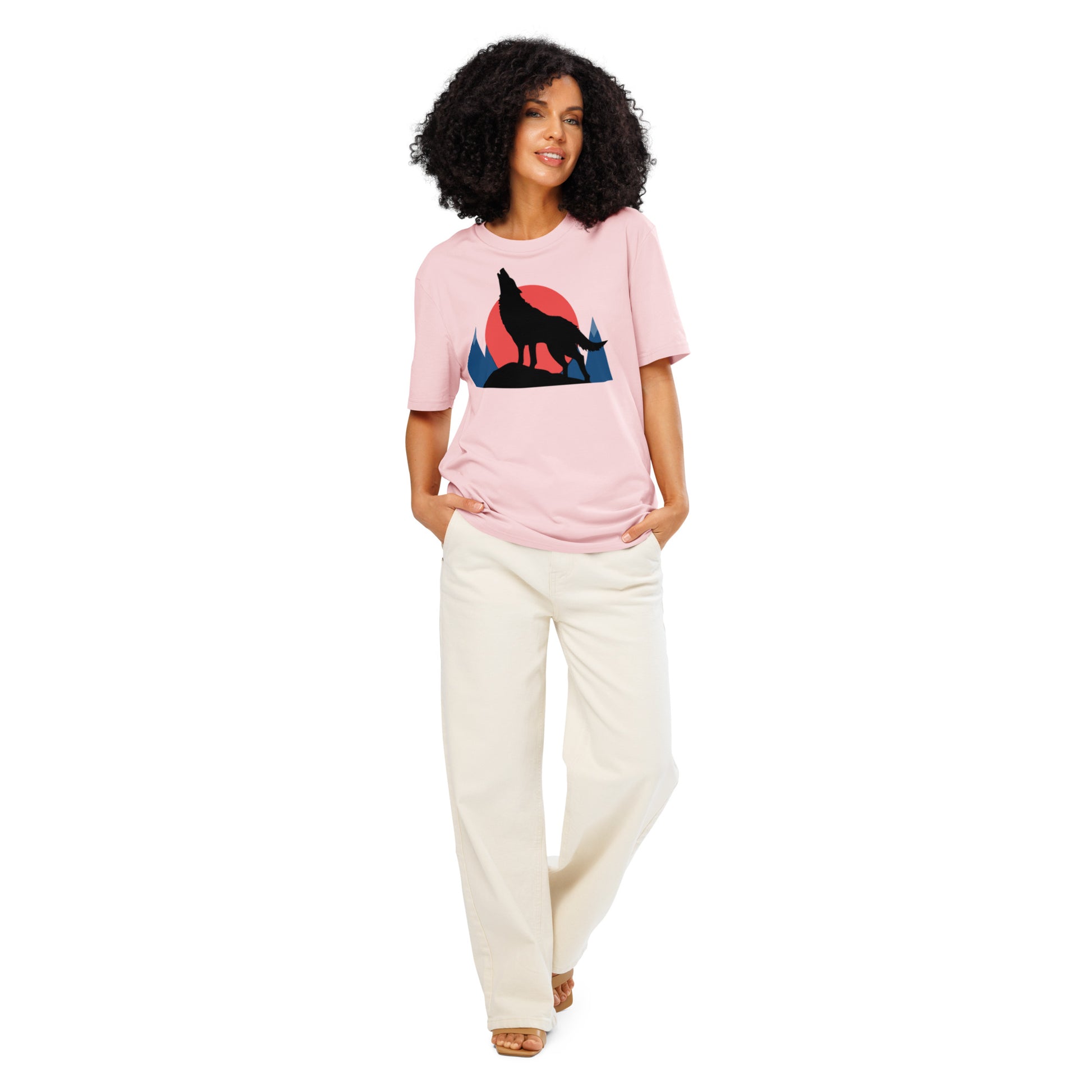 Ronas Design Sunset Wolf Howl T-Shirt Front View on Women Model in Cotton Pink