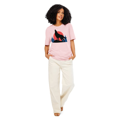 Ronas Design Sunset Wolf Howl T-Shirt Front View on Women Model in Cotton Pink