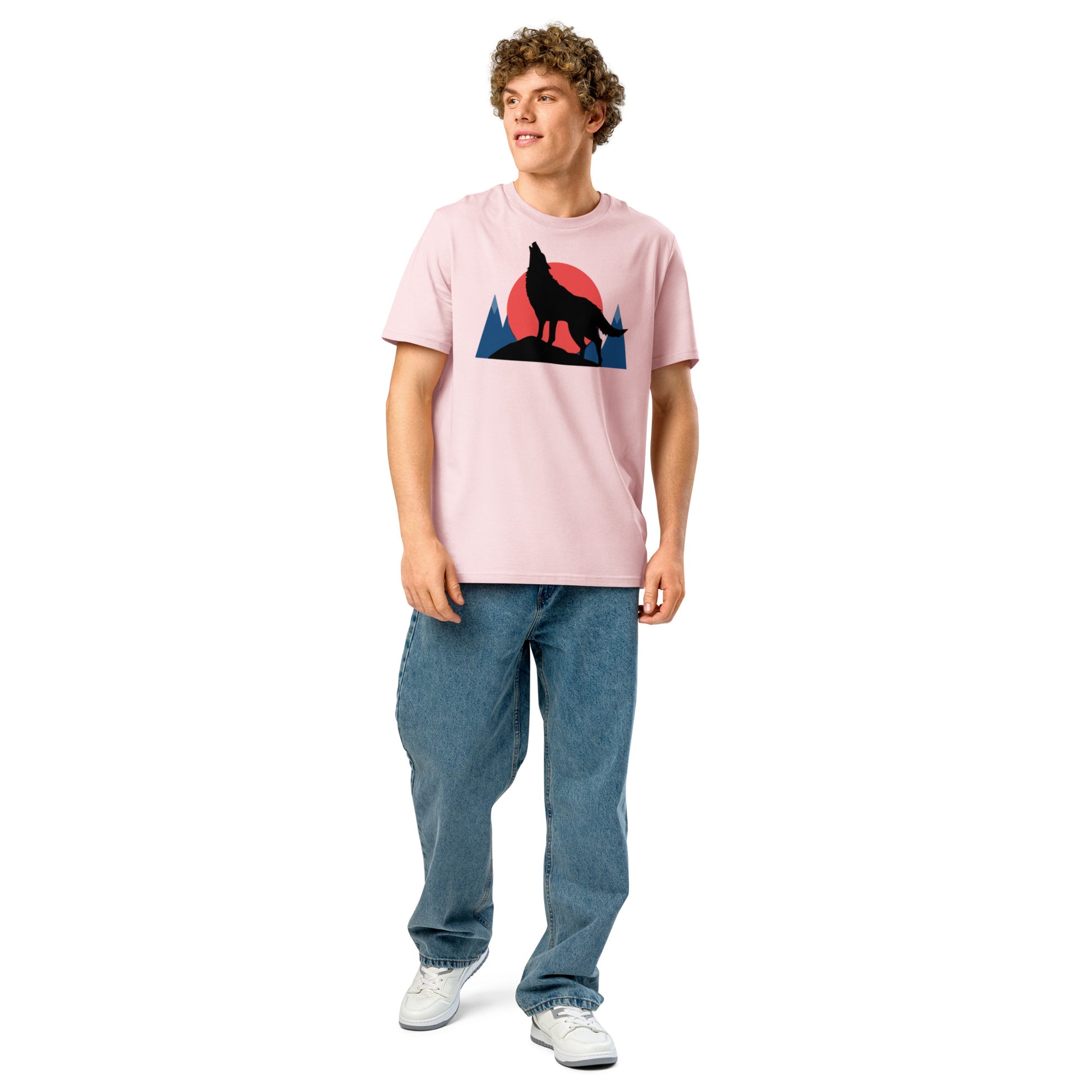 Ronas Design Sunset Wolf Howl T-Shirt Front View on Men Model in Cotton Pink