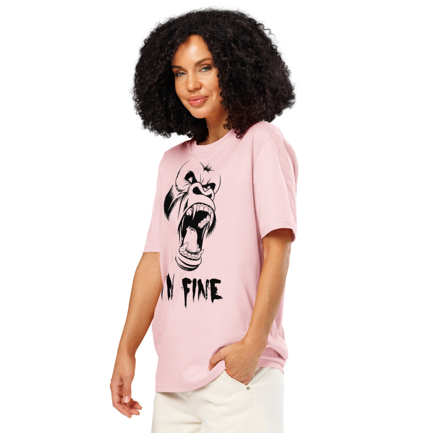 Ronas Design I'm Fine T-Shirt Side View on Women Model in Cotton Pink