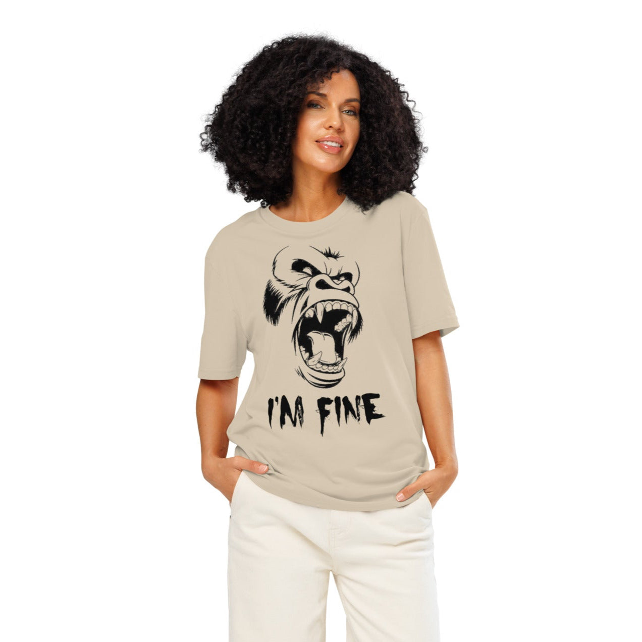 Ronas Design I'm Fine T-Shirt Front View on Women Model in Desert Dust