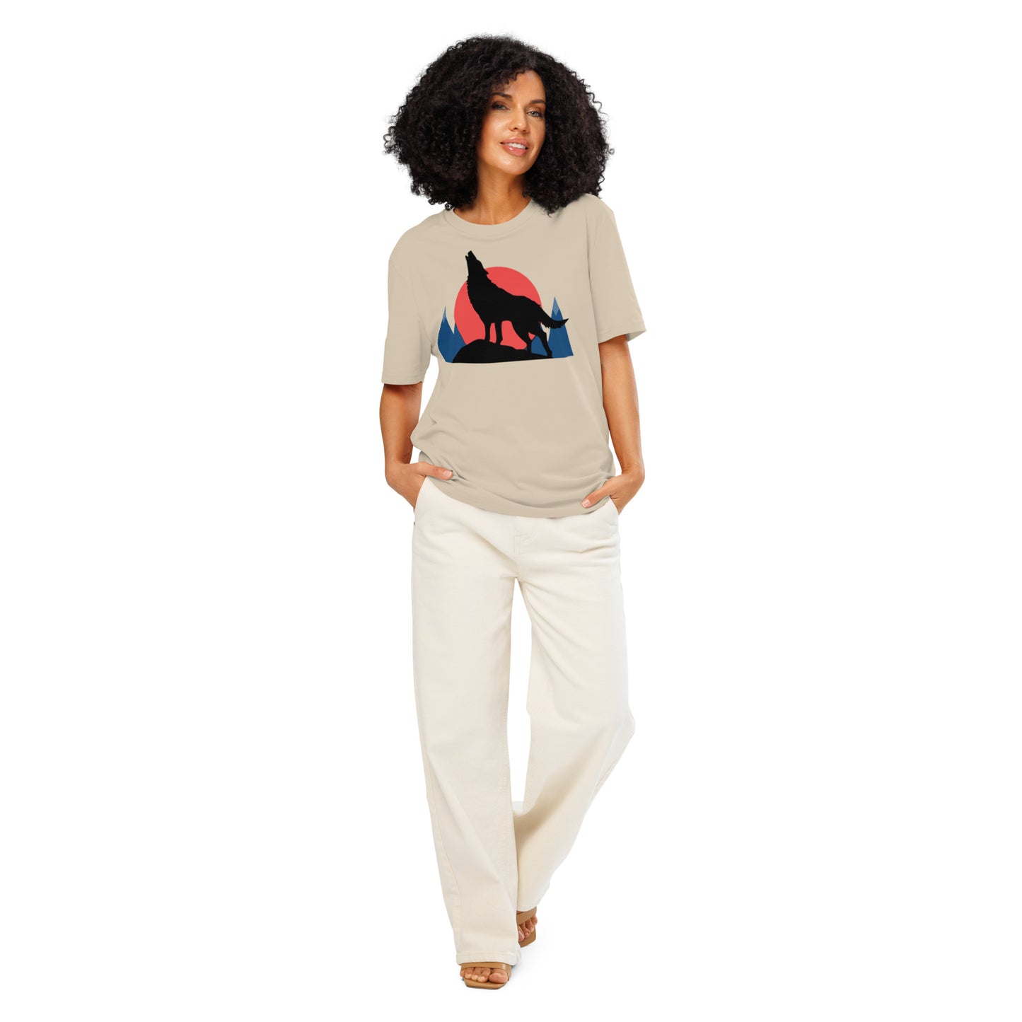 Ronas Design Sunset Wolf Howl T-Shirt Front View on Women Model in Desert Dust