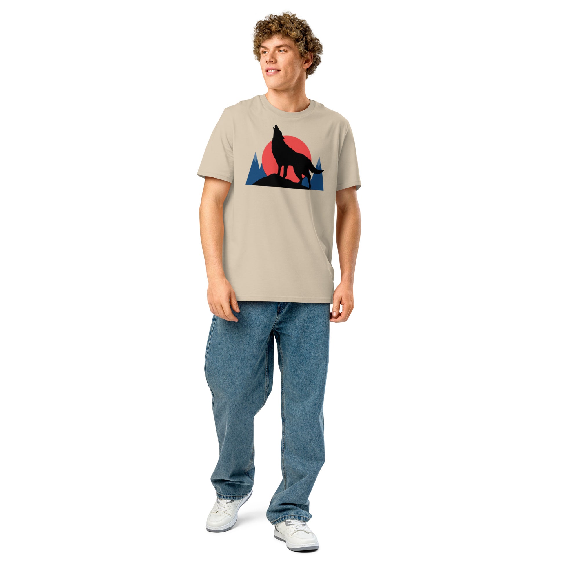 Ronas Design Sunset Wolf Howl T-Shirt Front View on Men Model in Desert Dust