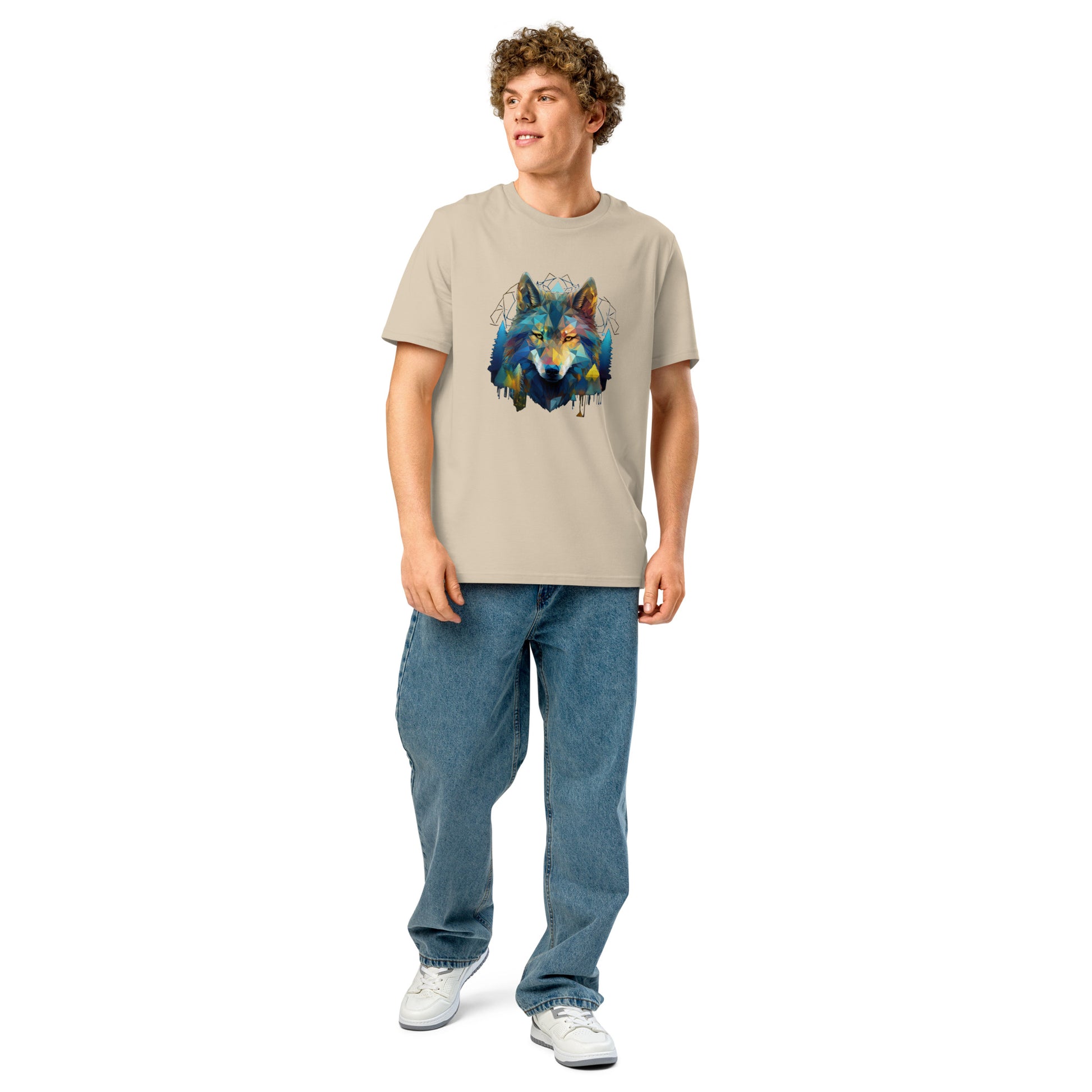 Ronas Design Geometric Forest Wolf T-Shirt Front View on Model in Desert Dust