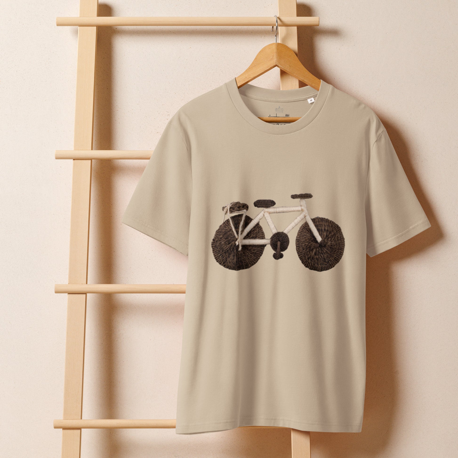 Ronas Design Handcrafted Yarn Bicycle T-Shirt Front View in Desert Dust