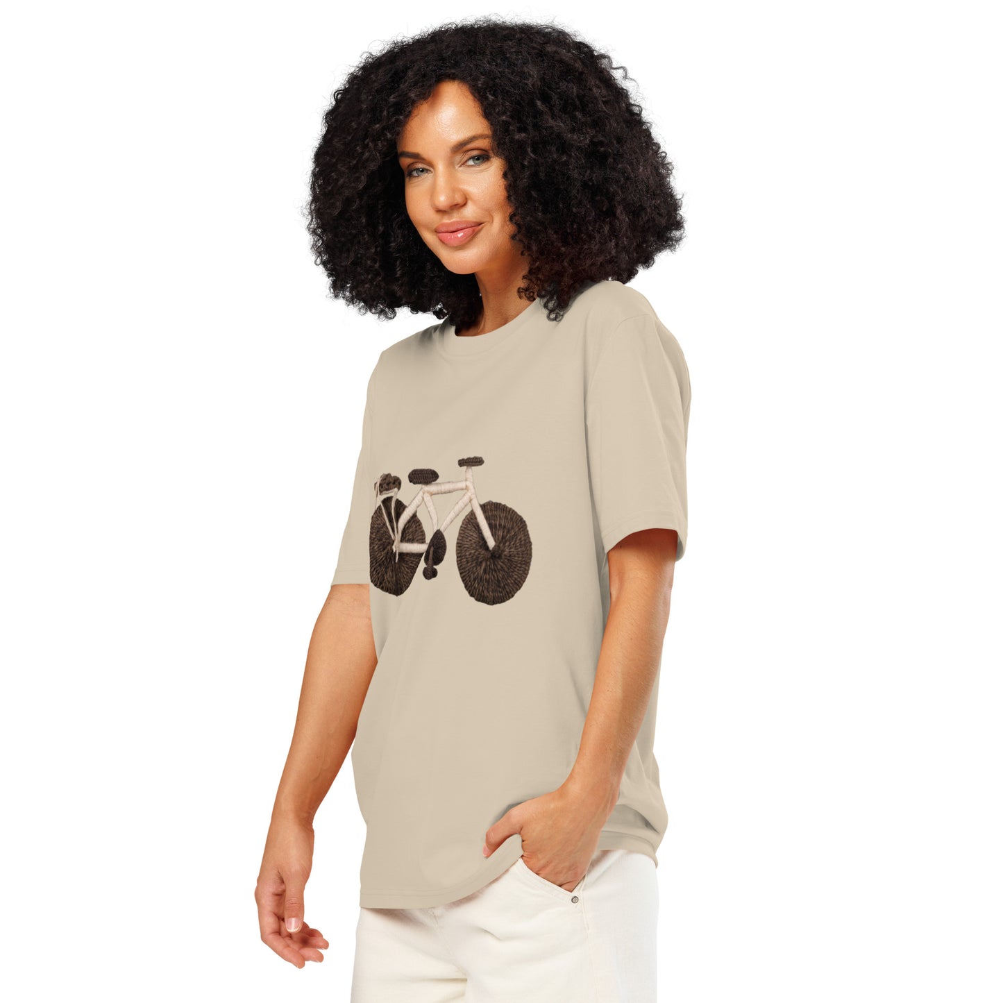 Ronas Design Handcrafted Yarn Bicycle T-Shirt Side View on Women Model in Desert Dust
