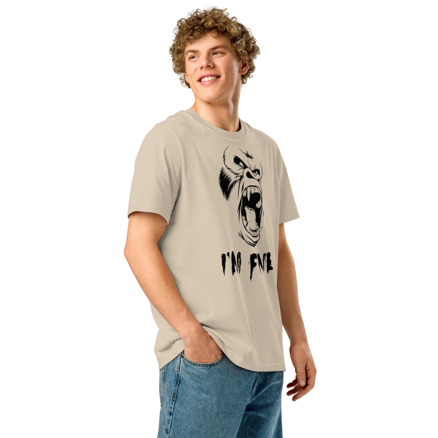 Ronas Design I'm Fine T-Shirt Side View on Men Model in Desert Dust