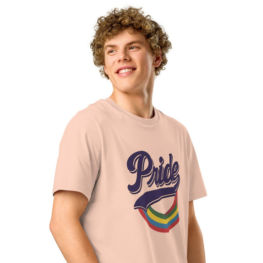 Ronas Design Rainbow Pride T-Shirt Front View on Men Model in Peche