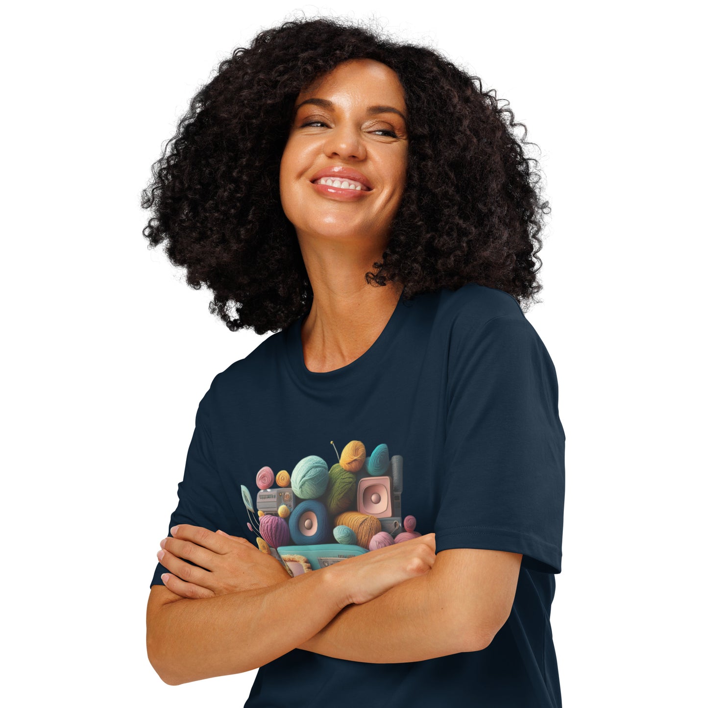 Ronas Design Retro Yarn Radio T-Shirt Quarter View on Women Model in French Navy