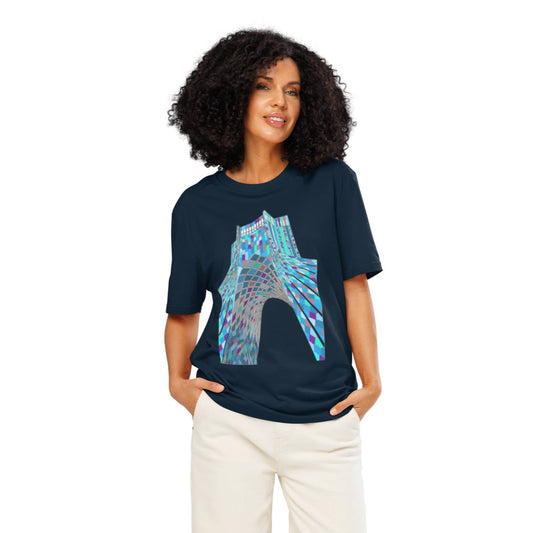 Ronas Design Shahyad Tower T-Shirt Front View on Women Model in French Navy