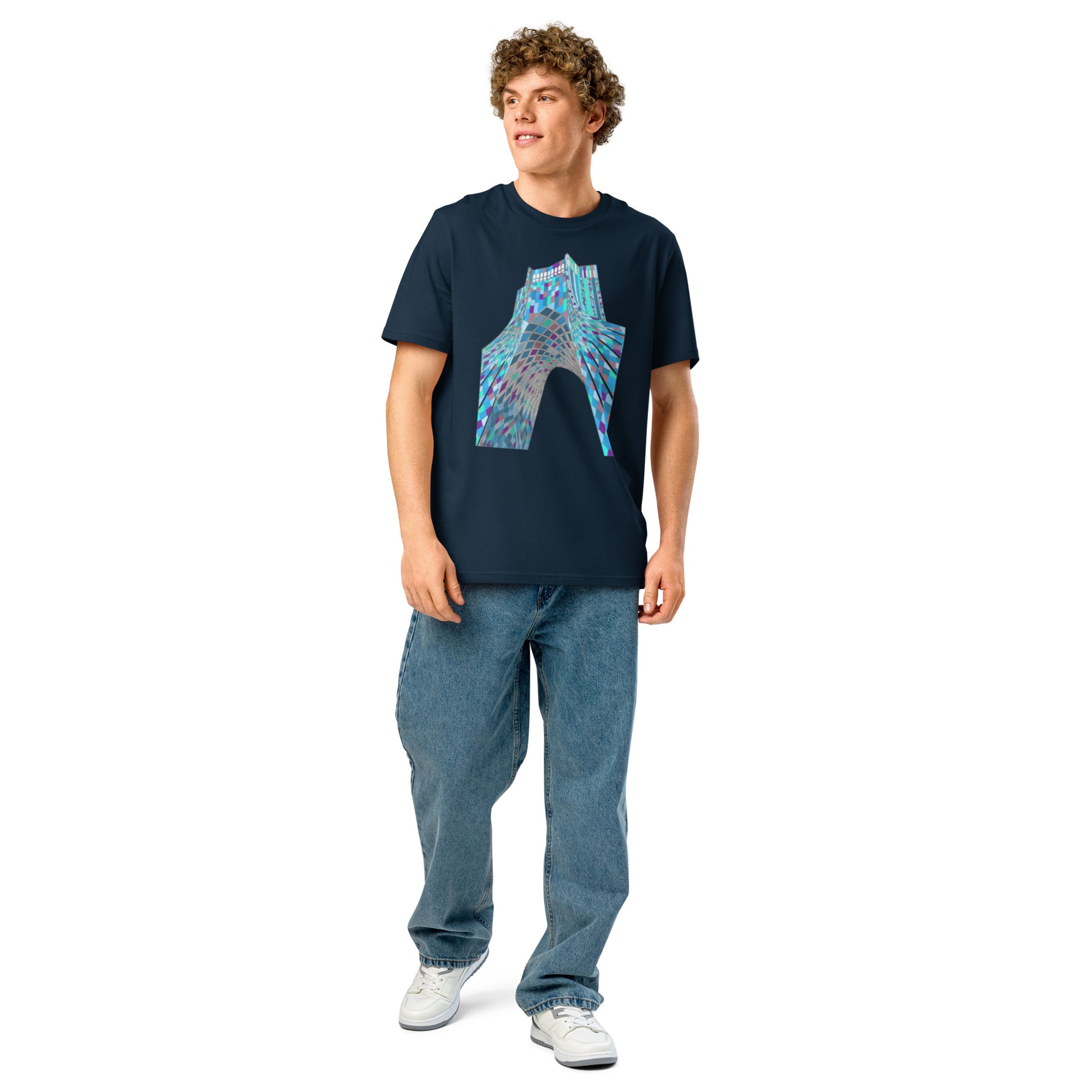 Ronas Design Shahyad Tower T-Shirt Front View on Men Model in French Navy