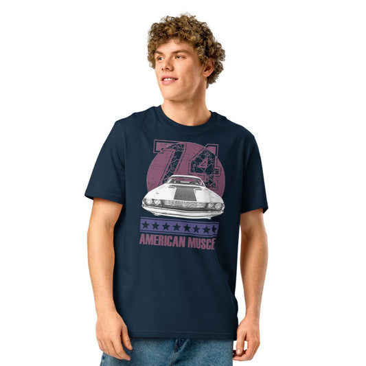 Ronas Design American Muscle T-Shirt Front View on Men Model in French Navy