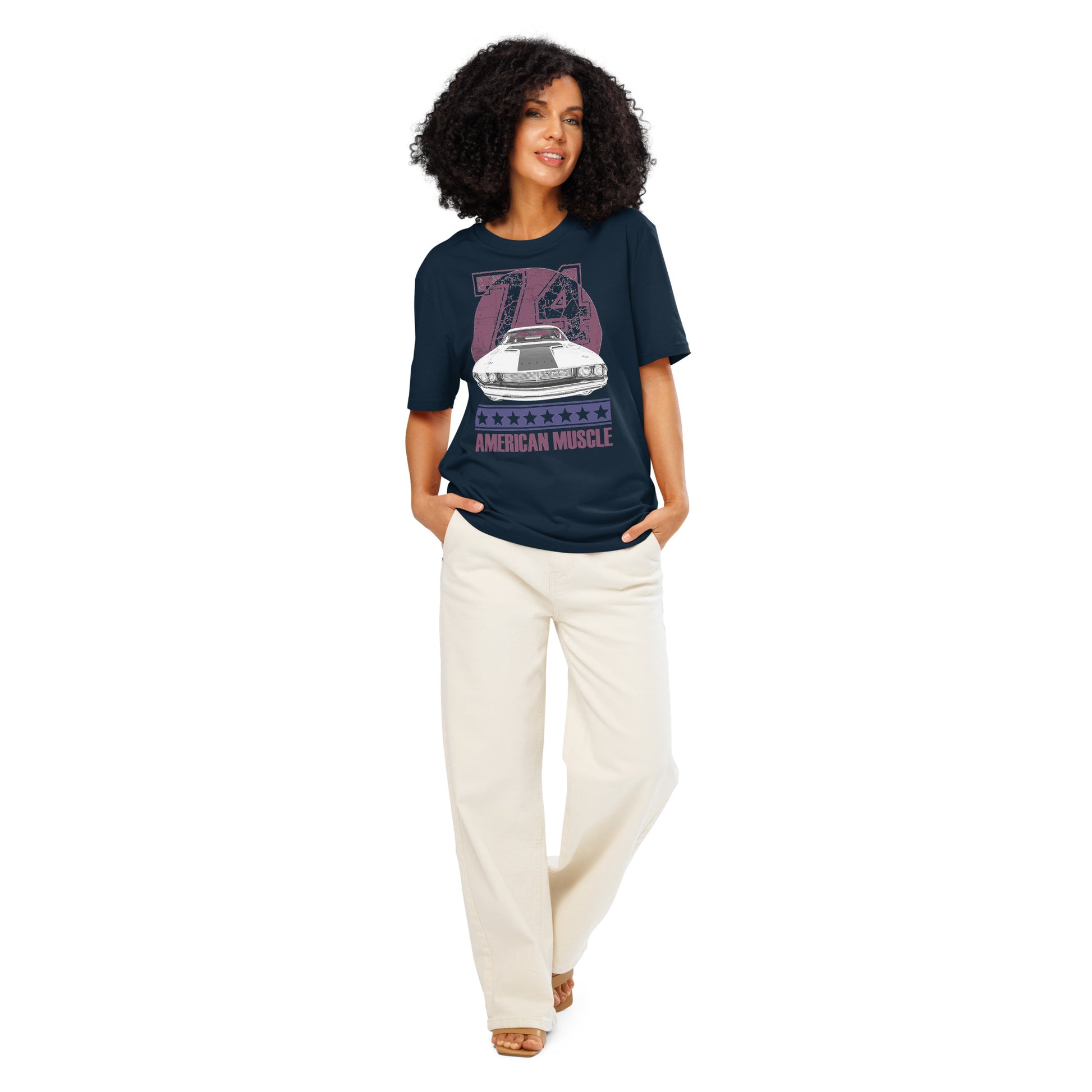Ronas Design American Muscle T-Shirt Front View on Women Model in French Navy