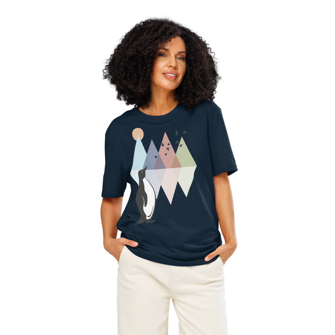 Ronas Design Geometric Penguin T-Shirt Front View on Women Model in French Navy