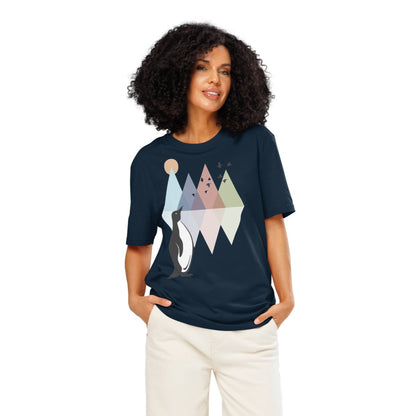 Ronas Design Geometric Penguin T-Shirt Front View on Women Model in French Navy