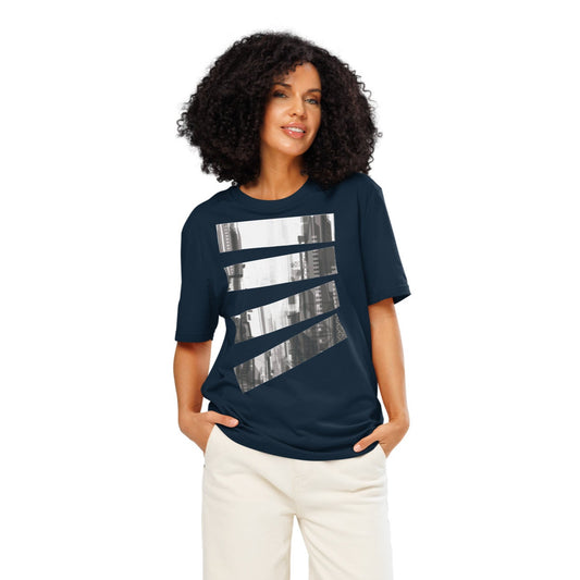 Ronas Design Fragmented Skyline T-Shirt Front View on Women Model in French Navy