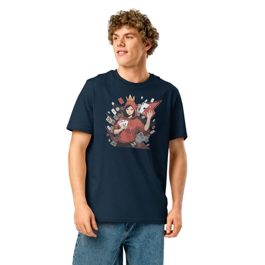 Ronas Design Card Queen T-Shirt Front View on Men Model in French Navy