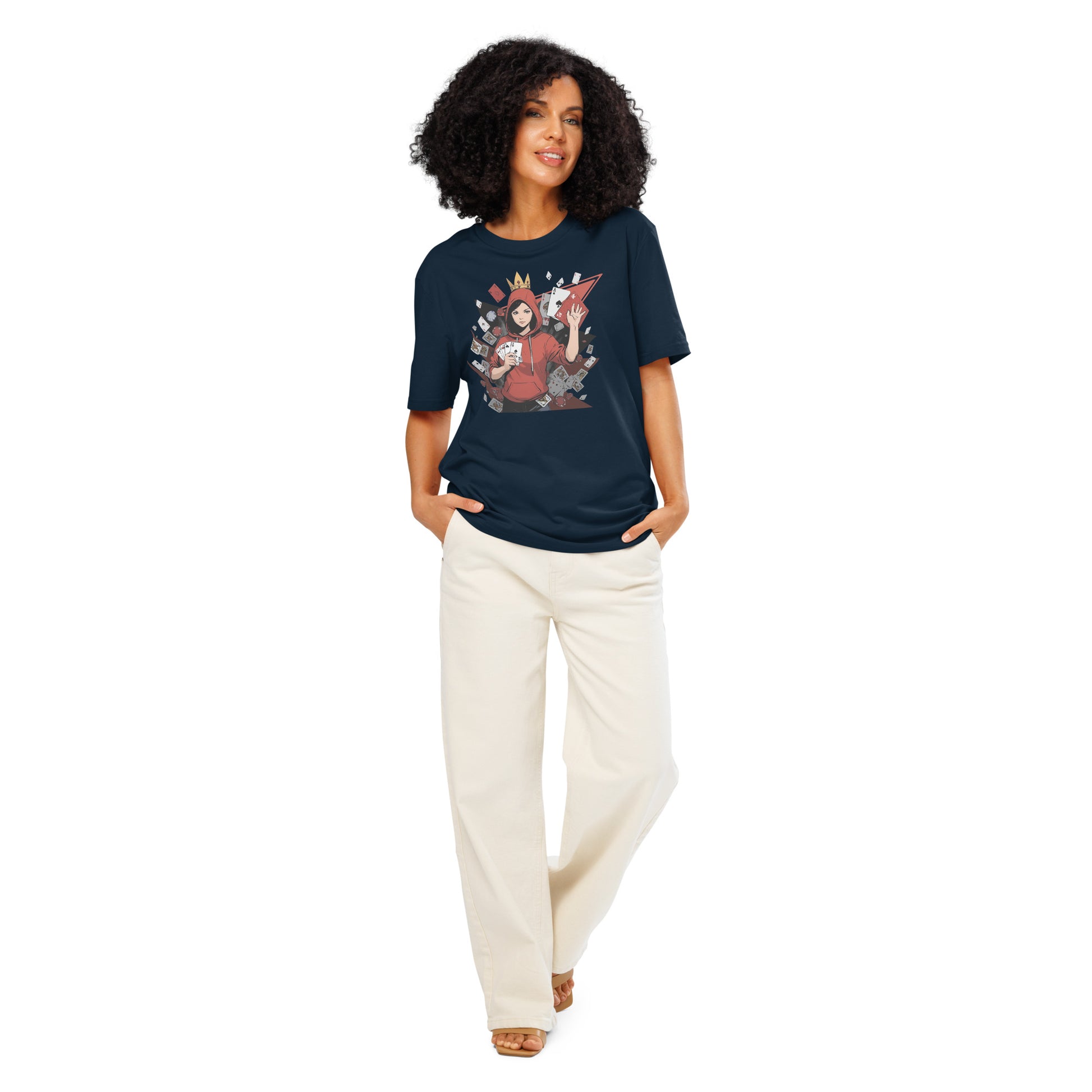 Ronas Design Card Queen T-Shirt Front View on Women Model in French Navy