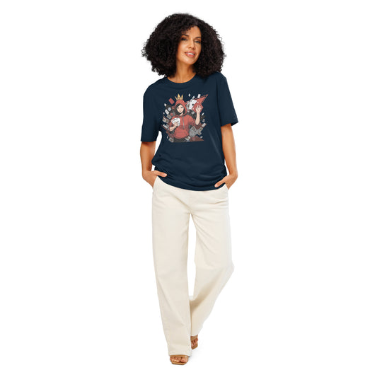 Ronas Design Card Queen T-Shirt Front View on Women Model in French Navy