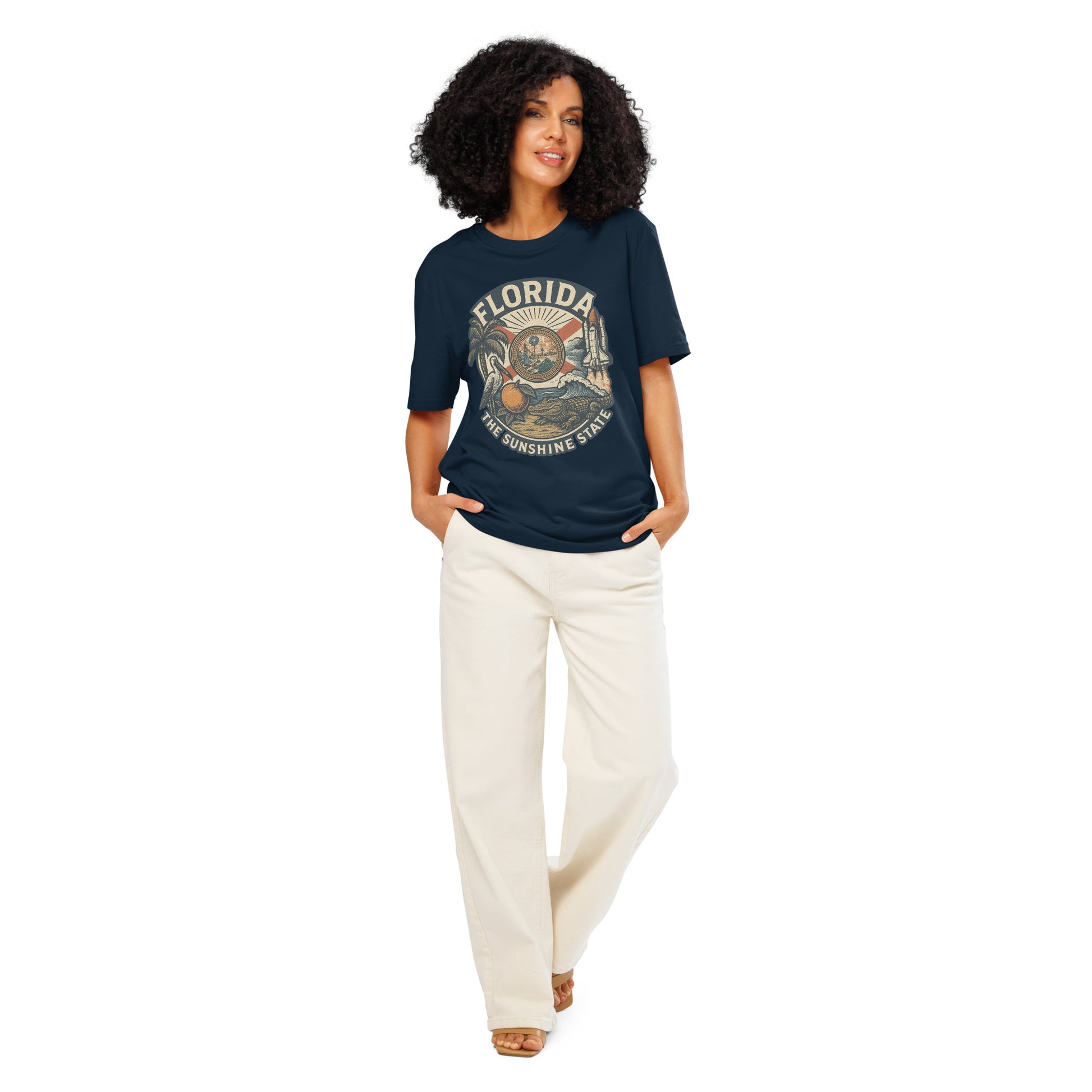 Ronas Design Florida Vibes T-Shirt Front View on Women Model in French Navy