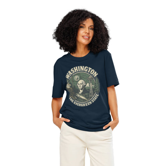 Ronas Design Evergreen T-Shirt Front View on Women Model in French Navy