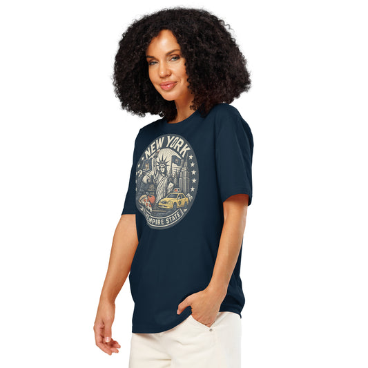Ronas Design New York T-Shirt Front View on Women Model in French Navy