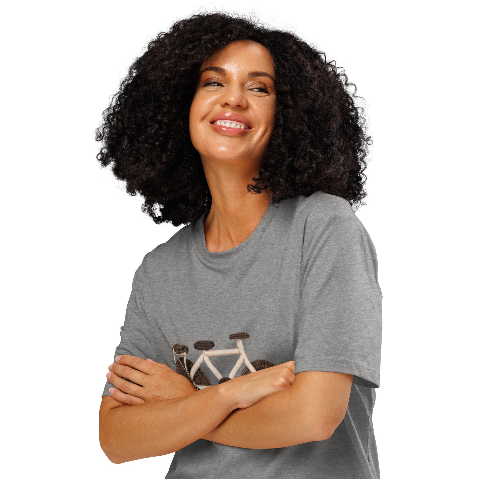 Ronas Design Handcrafted Yarn Bicycle T-Shirt Quarter View on Women Model in Heather Grey
