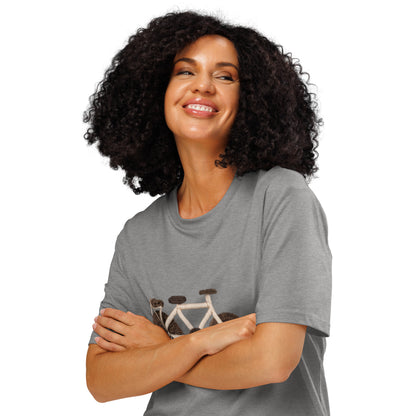 Ronas Design Handcrafted Yarn Bicycle T-Shirt Quarter View on Women Model in Heather Grey