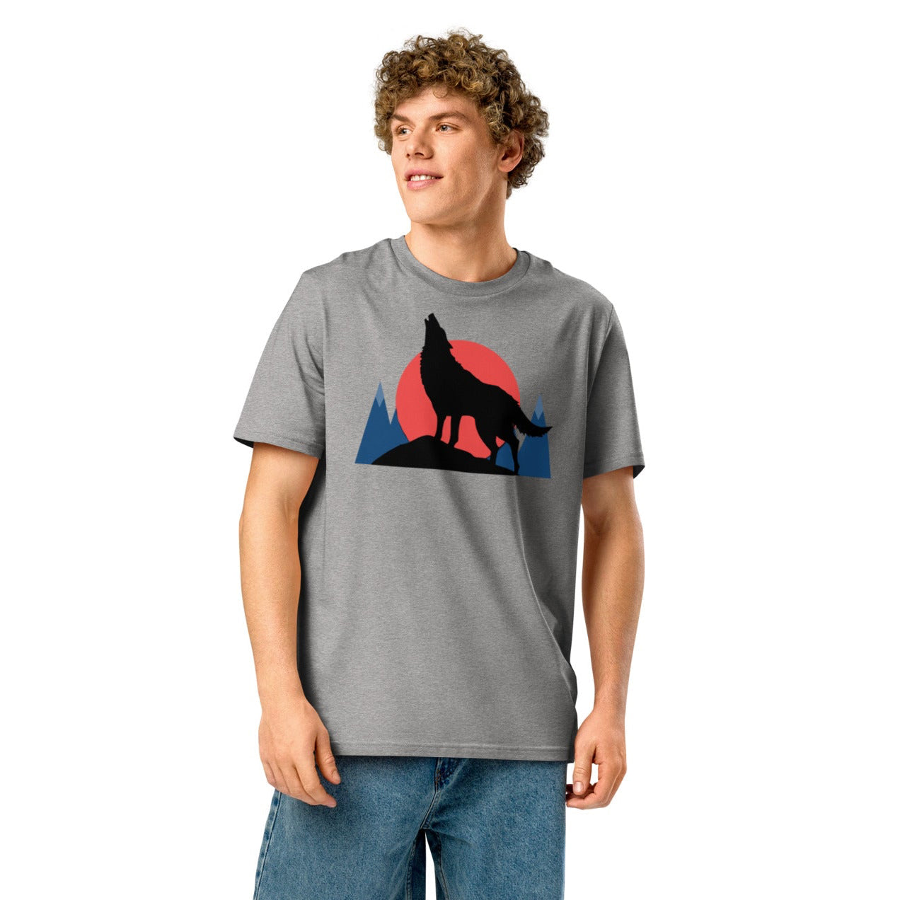 Ronas Design Sunset Wolf Howl T-Shirt Front View on Men Model in Heather Grey