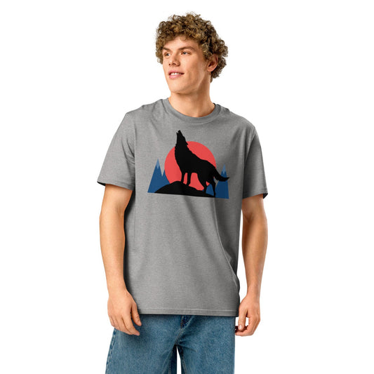 Ronas Design Sunset Wolf Howl T-Shirt Front View on Men Model in Heather Grey