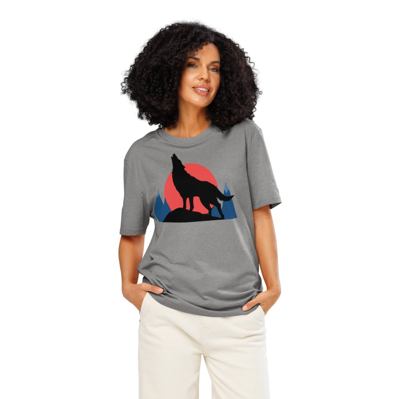 Ronas Design Sunset Wolf Howl T-Shirt Front View on Women Model in Heather Grey