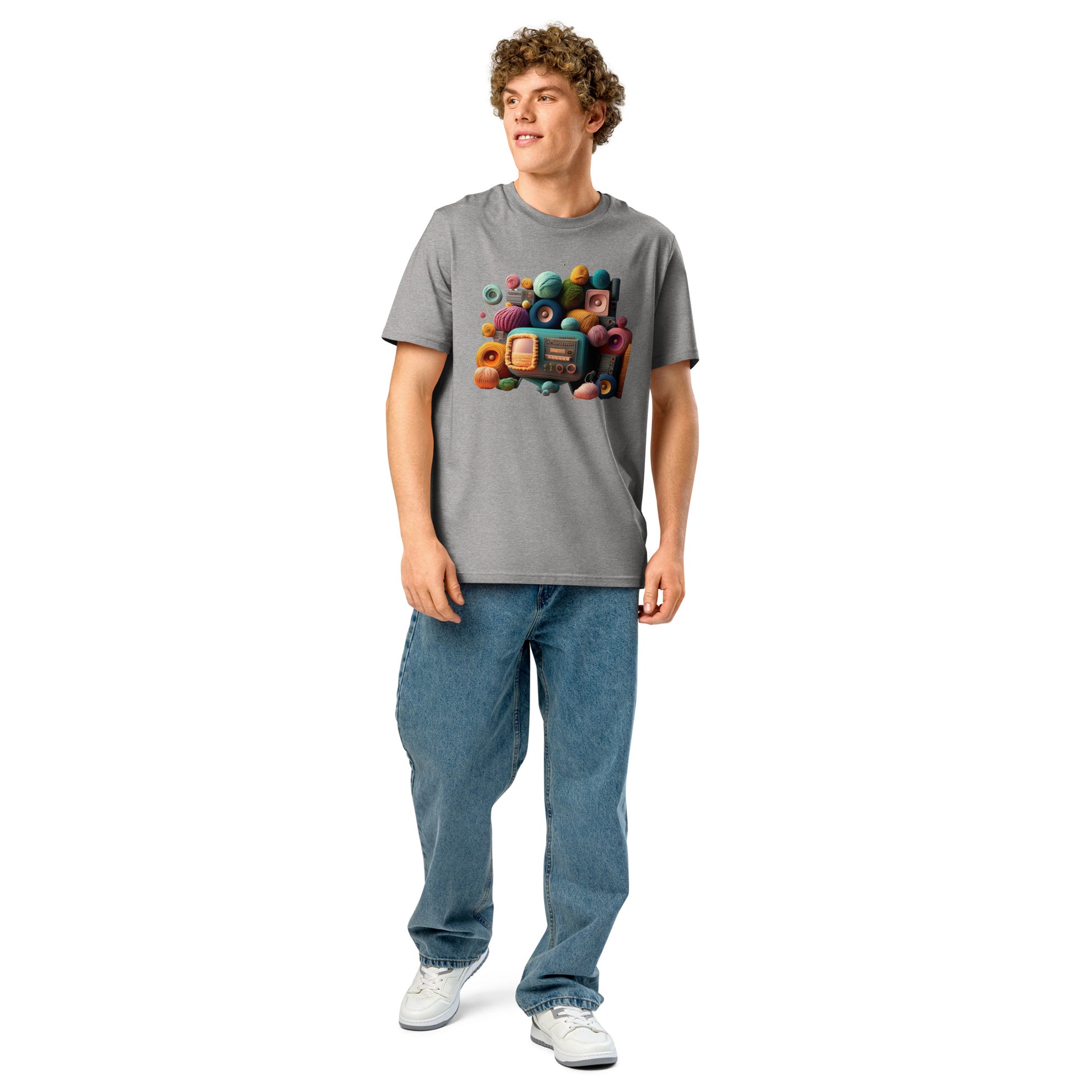 Ronas Design Retro Yarn Radio T-Shirt Front View on Men Model in Grey