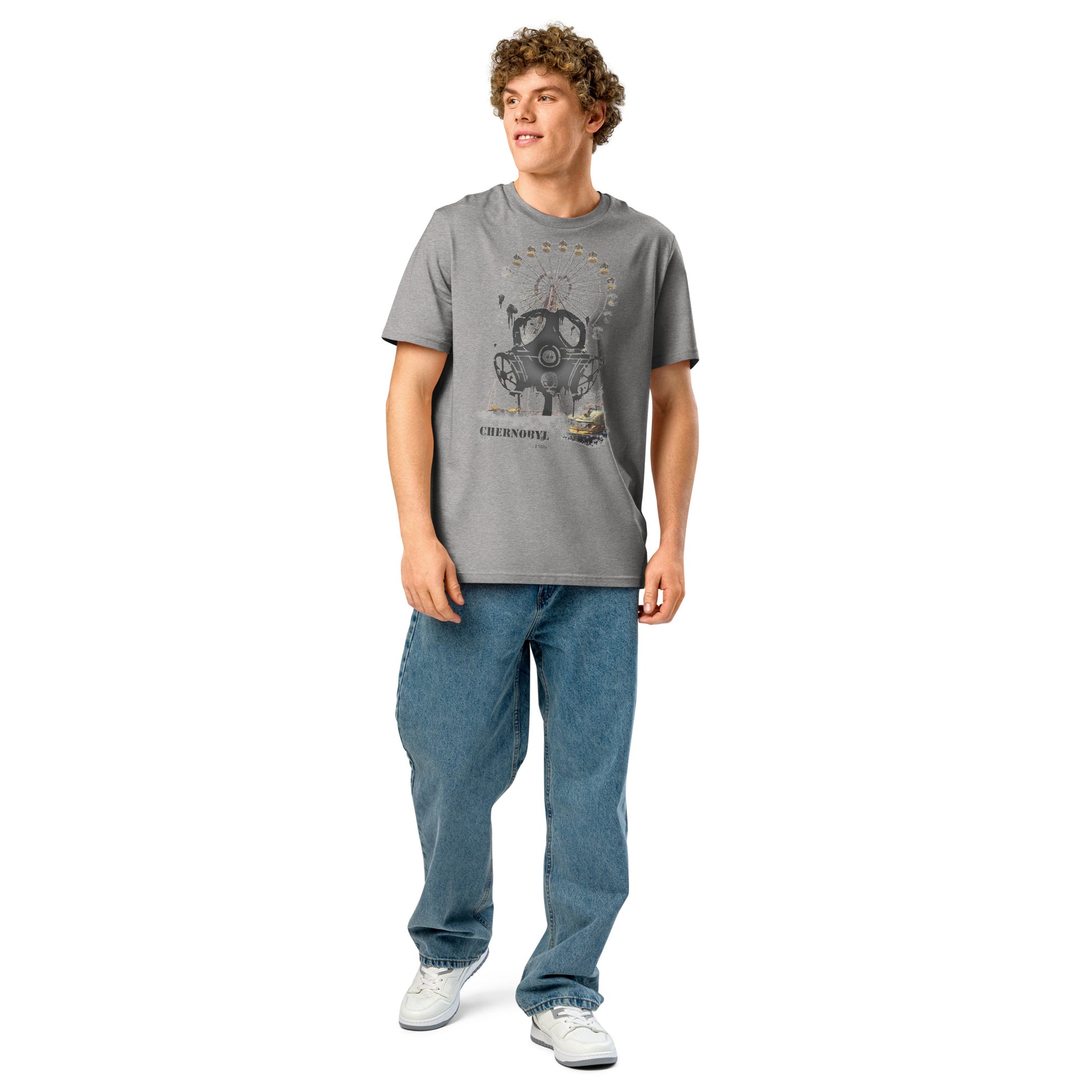 Ronas Design Chernobyl 1986 T-Shirt Front View on Men Model in Heather Grey