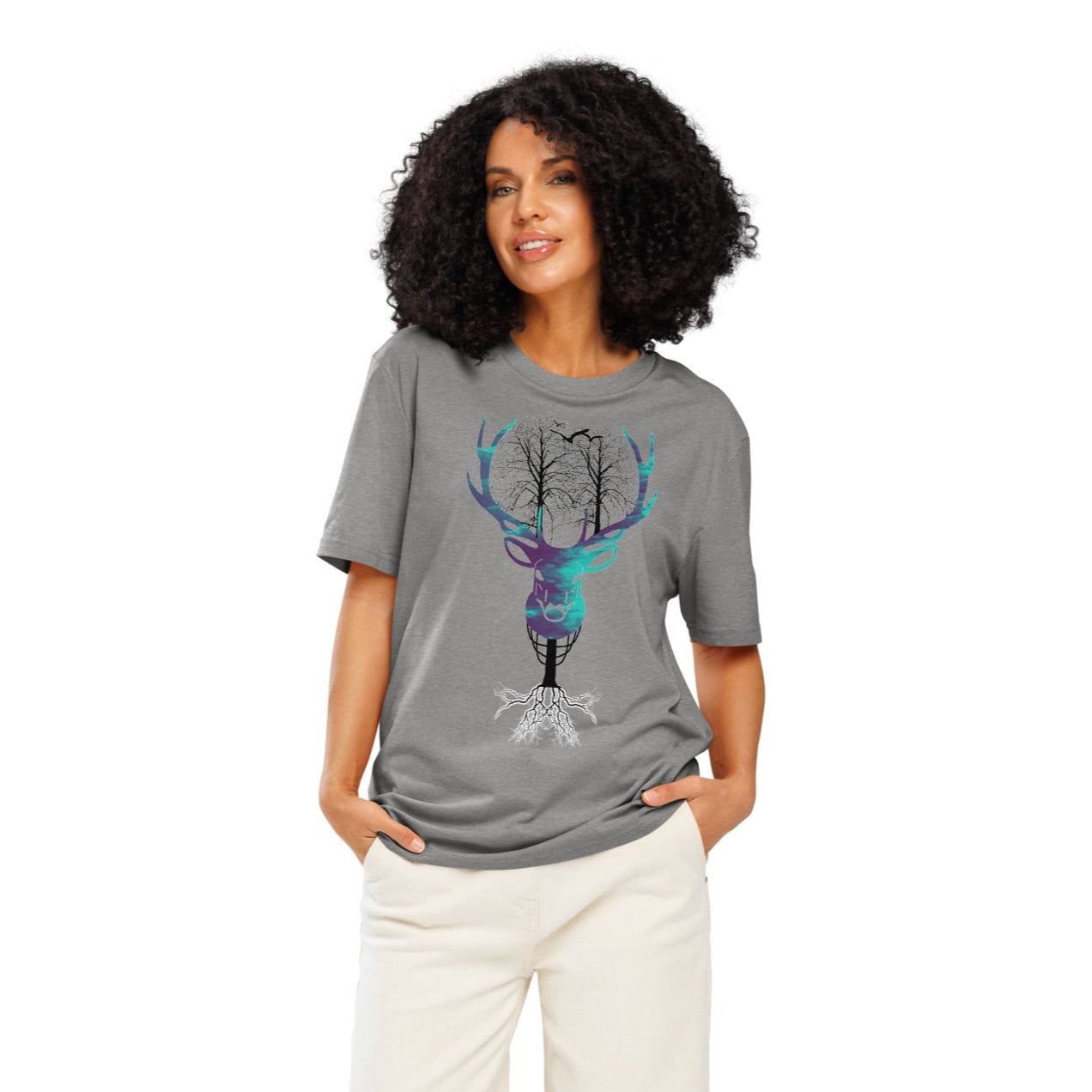 Ronas Design Nature Spirit T-Shirt Front View on Women Model in Heather Grey