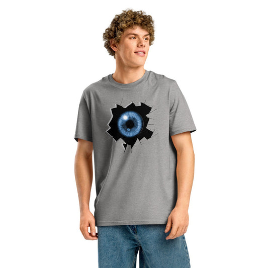 Ronas Design Cracked Reality Eye T-Shirt Front View on Men Model in Heather Grey