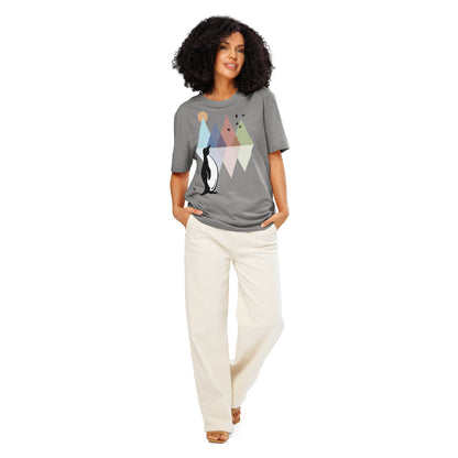 Ronas Design Geometric Penguin T-Shirt Front View on Women Model in Heather Grey