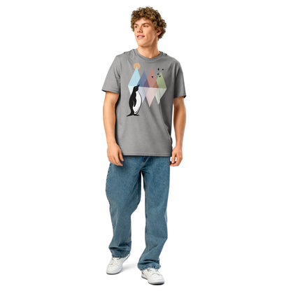 Ronas Design Geometric Penguin T-Shirt Front View on Men Model in Heather Grey