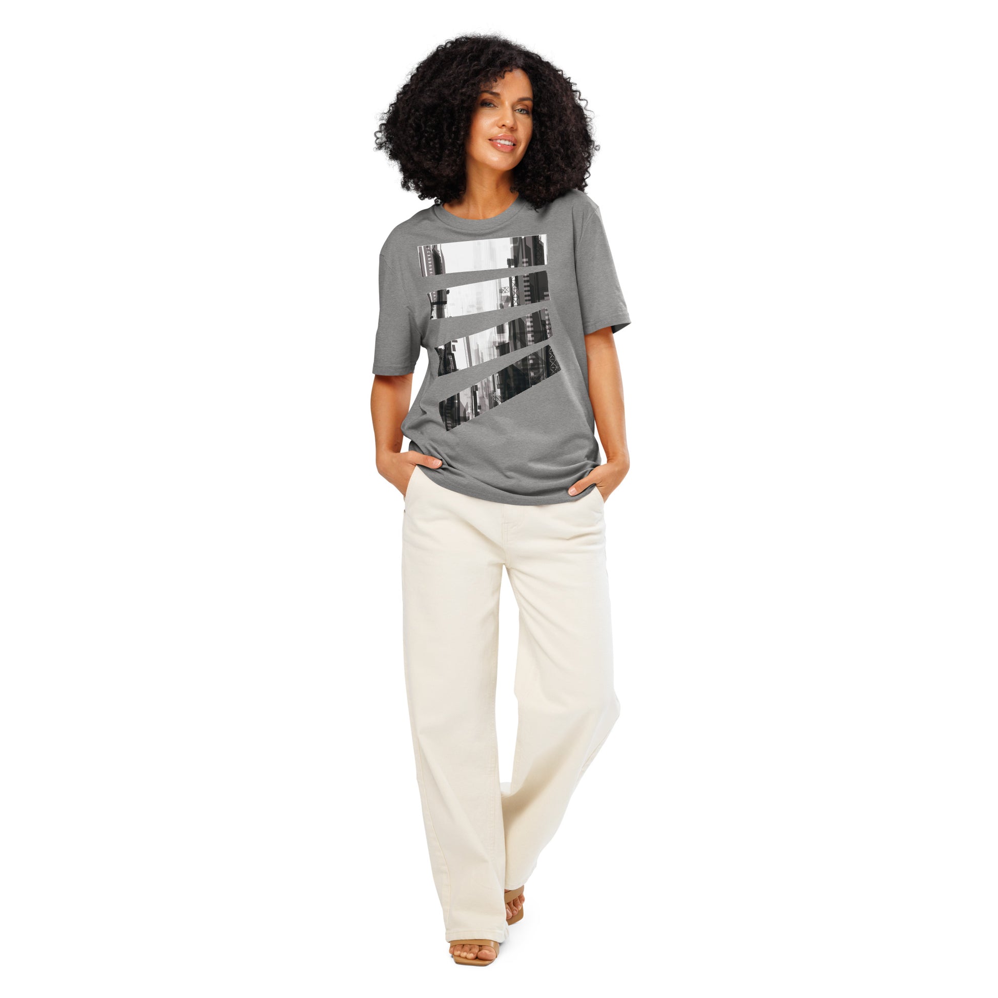 Ronas Design Fragmented Skyline T-Shirt Front View on Women Model in Heather Grey